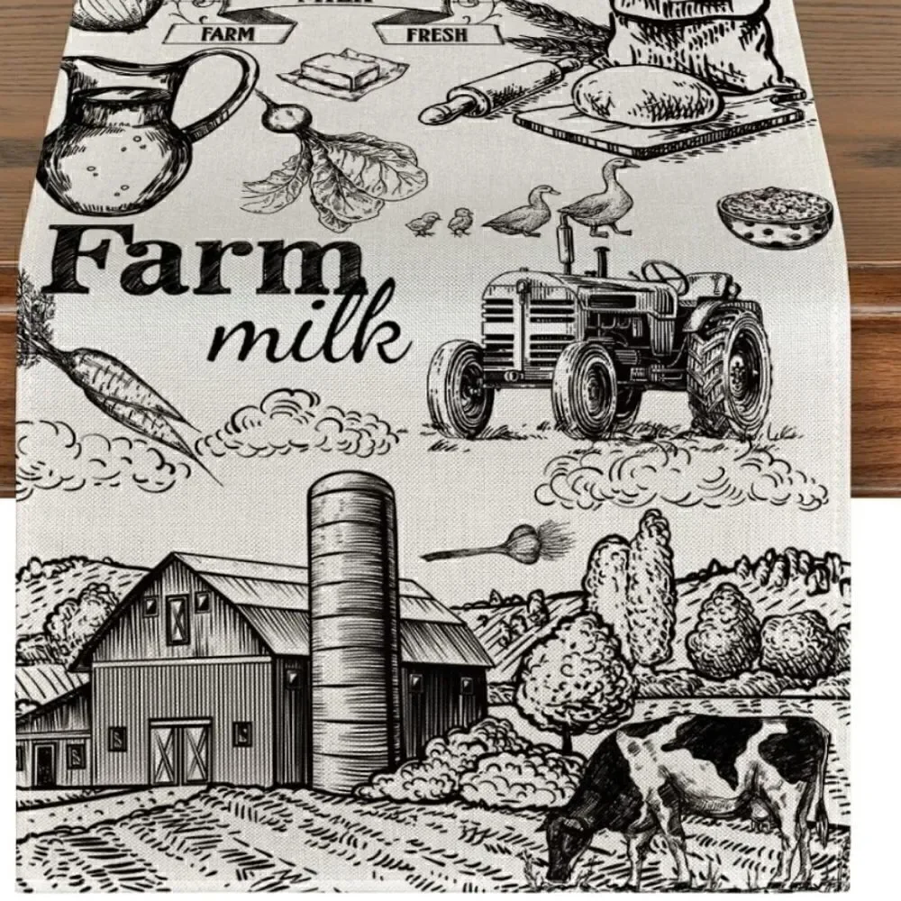 Tractor Milk Farm Table Runner, Cow House Fall Kitchen Dining Table Decoration